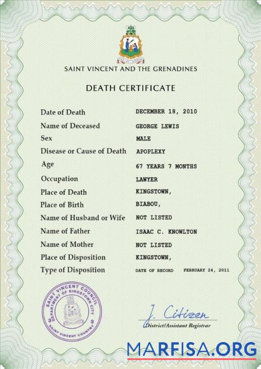 Hohe Qualität Saint Vincent and the Grenadines Tod Zertifikat PSD Vorlage