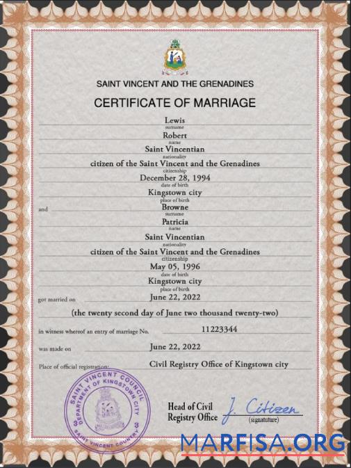 Saint Vincent and the Grenadines Ehe Zertifikat Design
