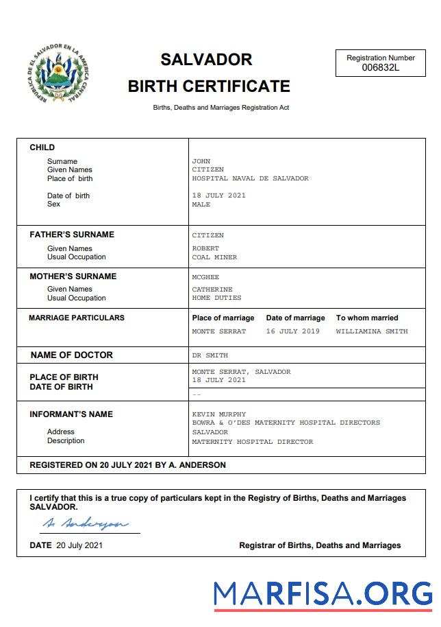 Premium Salvador Geburt Zertifikat Word and PDF Vorlage