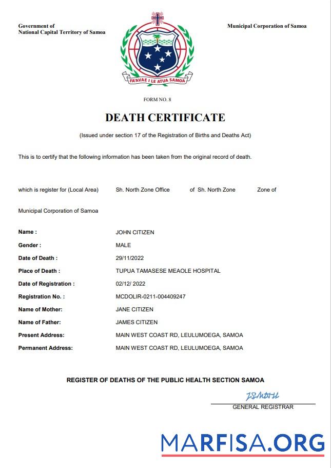 Bearbeitbar Samoa Tod Zertifikat Word and PDF Vorlage