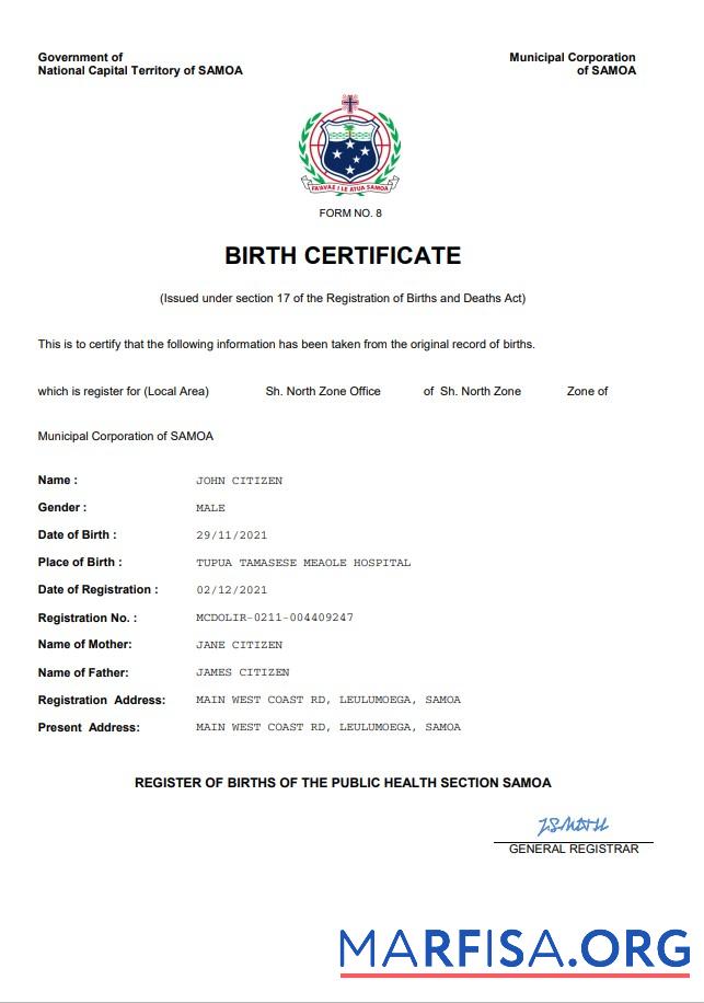 Hohe Qualität Samoa vital record Geburt Zertifikat Word and PDF Vorlage
