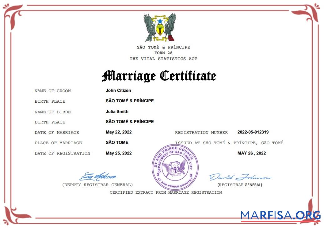 Professionell São Tomé und Príncipe Ehe Zertifikat Word and PDF Vorlage