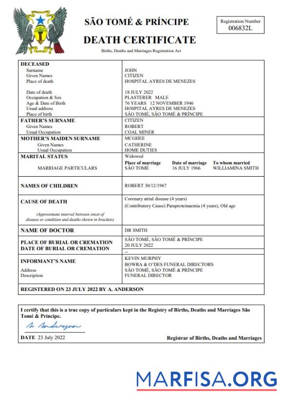 Premium São Tomé und Príncipe vital record Tod Zertifikat Word and PDF Vorlage