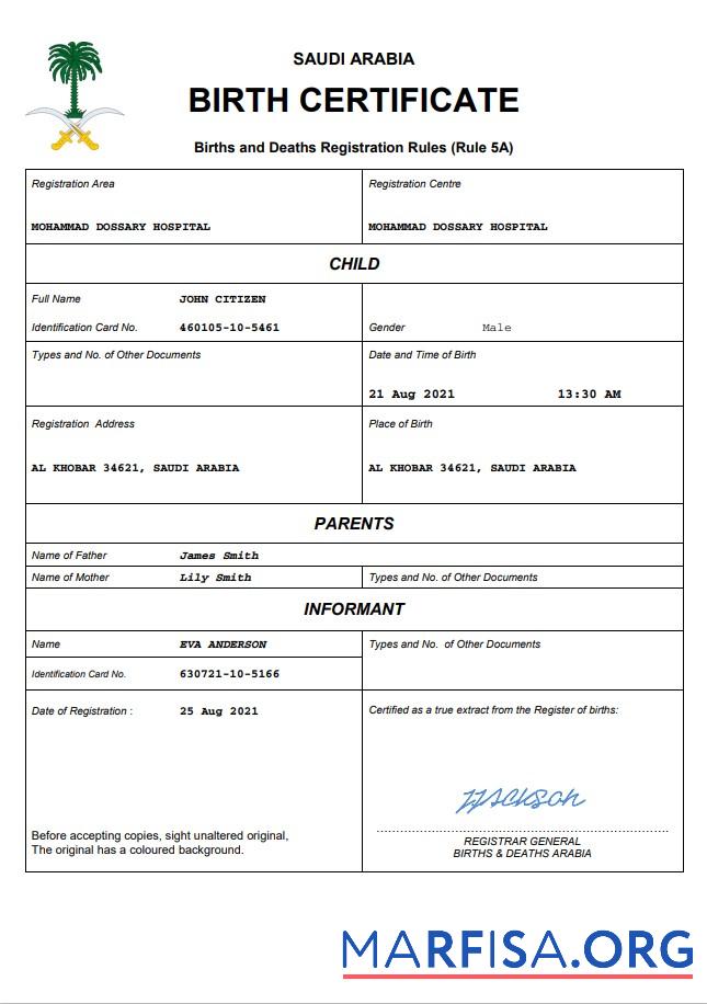 Premium Saudi-Arabien Geburt Zertifikat Word and PDF Vorlage