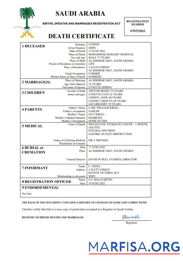 Bearbeitbar Saudi-Arabien Tod Zertifikat Word and PDF Vorlage