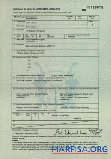 Schottland Register of deaths Tod Zertifikat Mockup