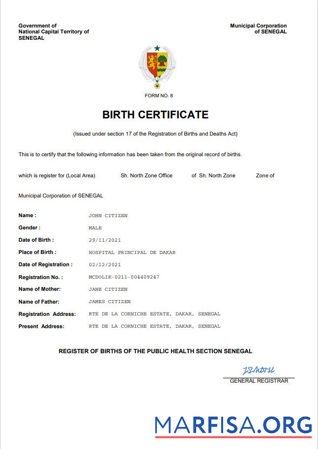 Realistisch Senegal vital record Geburt Zertifikat Word and PDF Vorlage