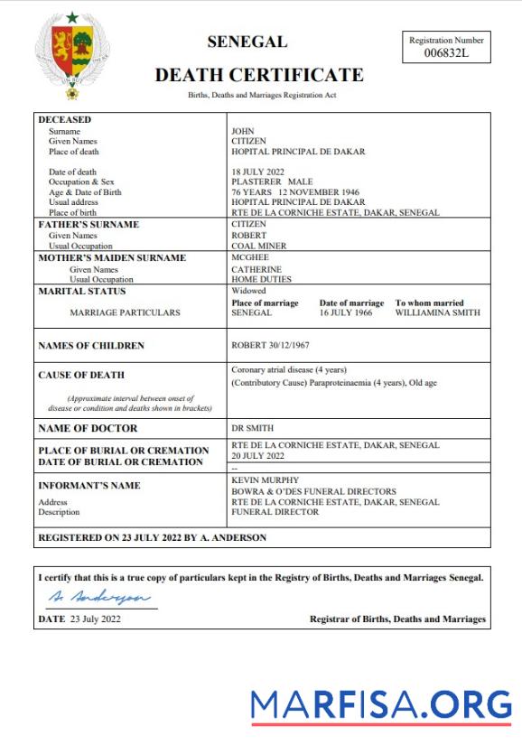 Bearbeitbar Senegal vital record Tod Zertifikat Word and PDF Vorlage