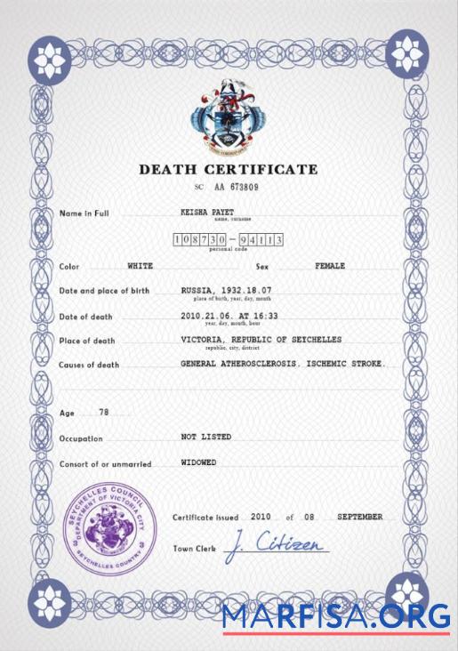 Realistisch Seychellen vital record Tod Zertifikat PSD Vorlage