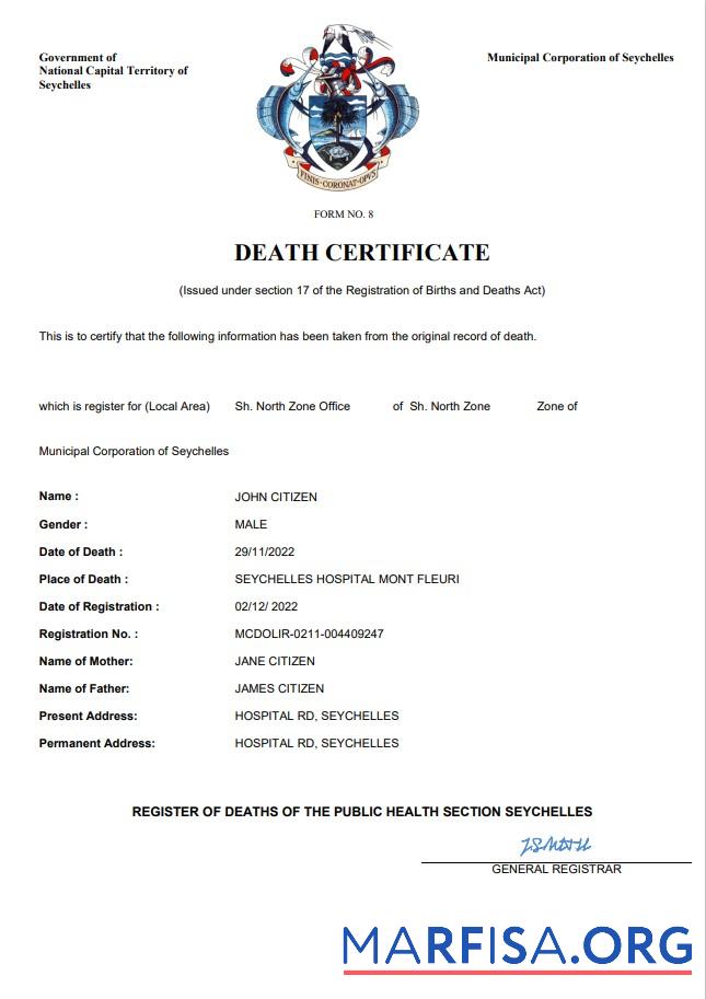 Bearbeitbar Seychellen vital record Tod Zertifikat Word and PDF Vorlage