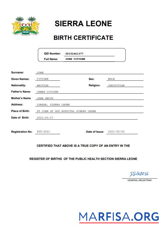 Premium Sierra Leone Geburt Zertifikat Word and PDF Vorlage