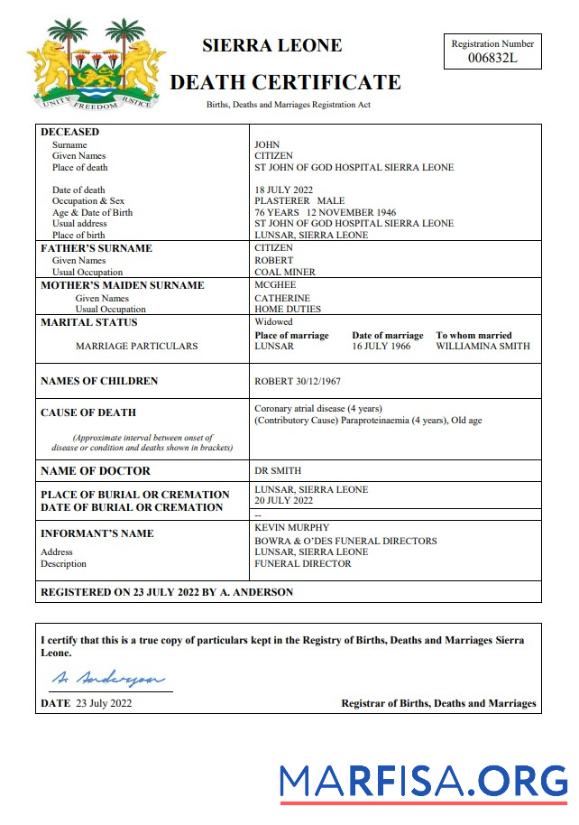 Realistisch Sierra Leone Tod Zertifikat Word and PDF Vorlage