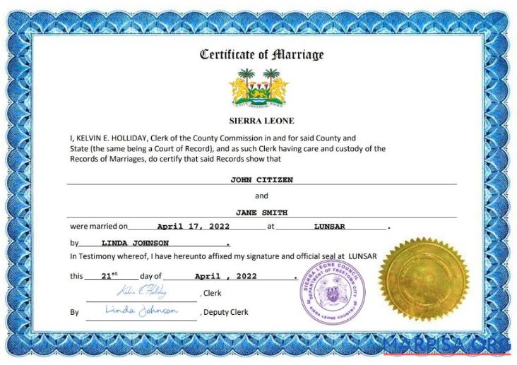 Hohe Qualität Sierra Leone Ehe Zertifikat Word and PDF Vorlage