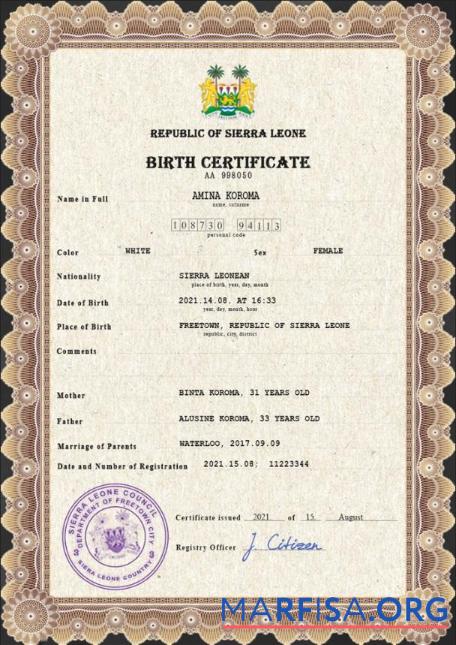 Bearbeitbar Sierra Leone vital record Geburt Zertifikat PSD Vorlage