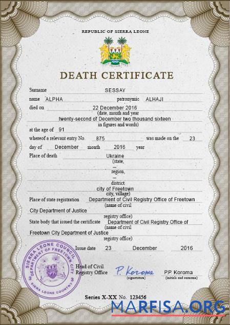 Bearbeitbar Sierra Leone vital record Tod Zertifikat PSD Vorlage
