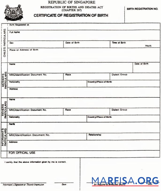 Singapur Registrierung of births and deaths Zertifikat of Geburt Vorschau