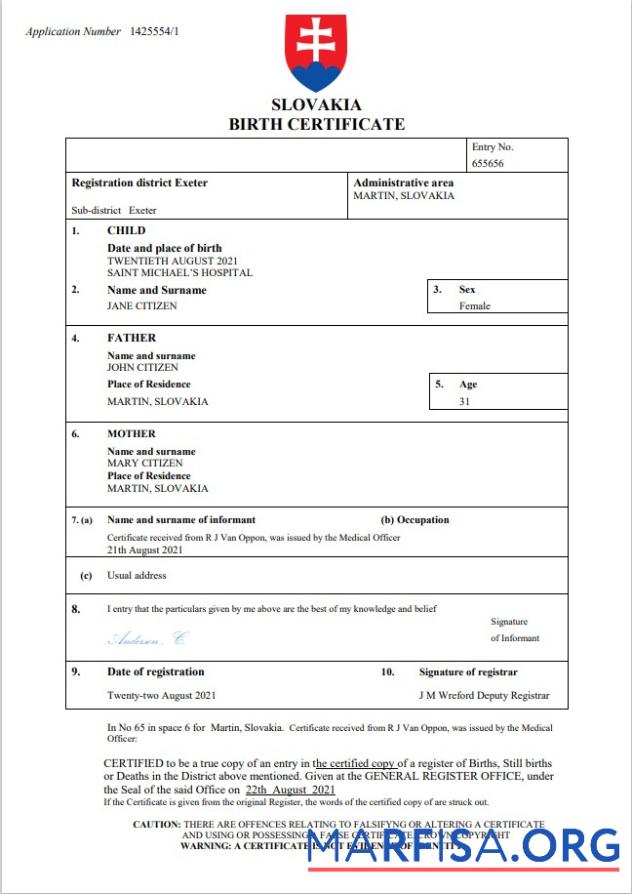 Bearbeitbar Slowakei Geburt Zertifikat Word and PDF Vorlage