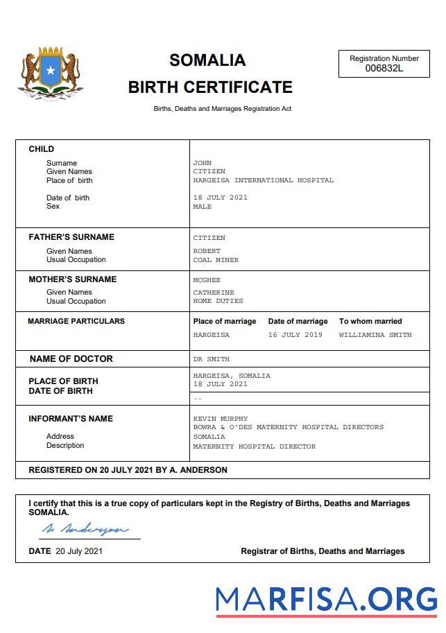 Professionell Somalia Geburt Zertifikat Word and PDF Vorlage