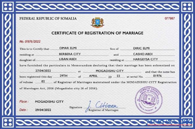 Bearbeitbar Somalia Ehe Zertifikat PSD Vorlage