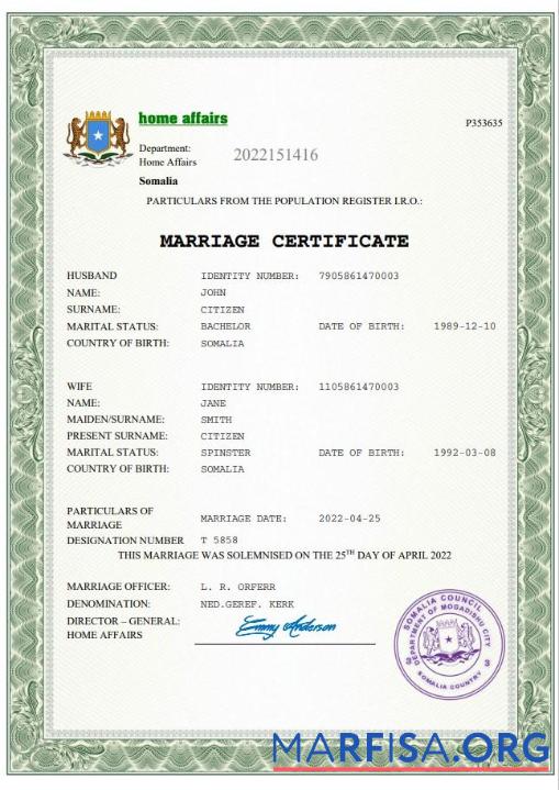 Premium Somalia Ehe Zertifikat Word and PDF Vorlage