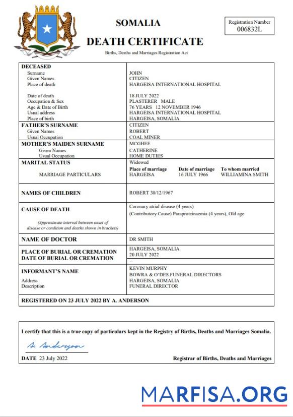Premium Somalia vital record Tod Zertifikat Word and PDF Vorlage