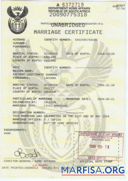 Südafrika Department home affairs Ehe Zertifikat Probe