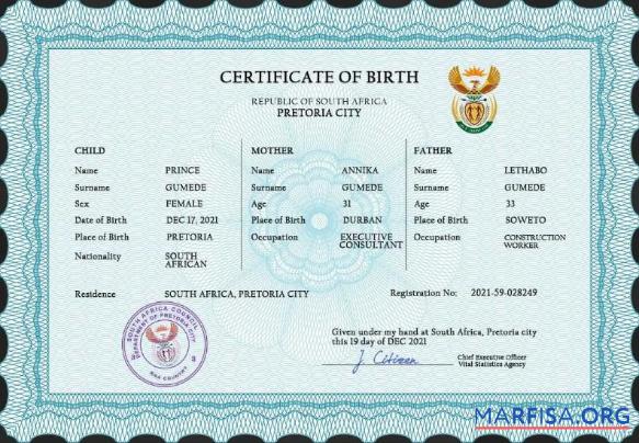 Bearbeitbar Südafrika Geburt Zertifikat PSD Vorlage
