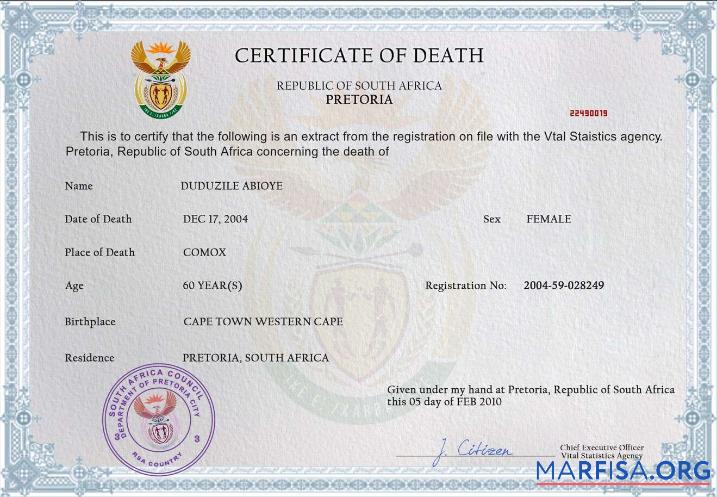 Bearbeitbar Südafrika Tod Zertifikat PSD Vorlage