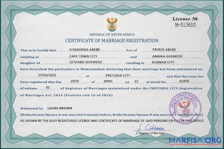 Realistisch Südafrika Ehe Zertifikat PSD Vorlage, completely Bearbeitbar