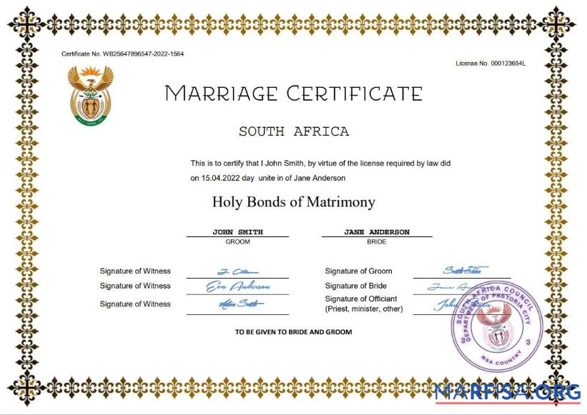 Bearbeitbar Südafrika Ehe Zertifikat Word and PDF Vorlage