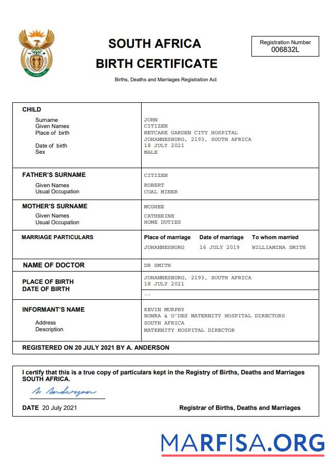 Bearbeitbar Südafrika vital record Geburt Zertifikat Word and PDF Vorlage