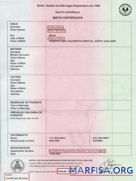 South Australien Births and Deaths Registrierung office Geburt Zertifikat Mockup