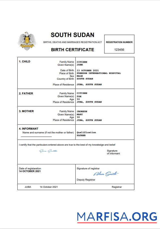 Realistisch Südsudan vital record Geburt Zertifikat Word and PDF Vorlage