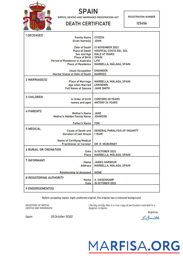 Hohe Qualität Spanien Tod Zertifikat Word and PDF Vorlage