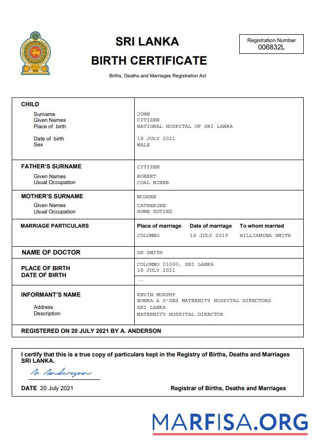 Bearbeitbar Sri Lanka vital record Geburt Zertifikat Word and PDF Vorlage