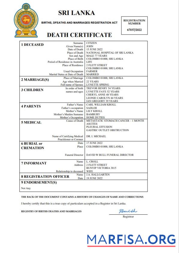 Hohe Qualität Sri Lanka vital record Tod Zertifikat Word and PDF Vorlage