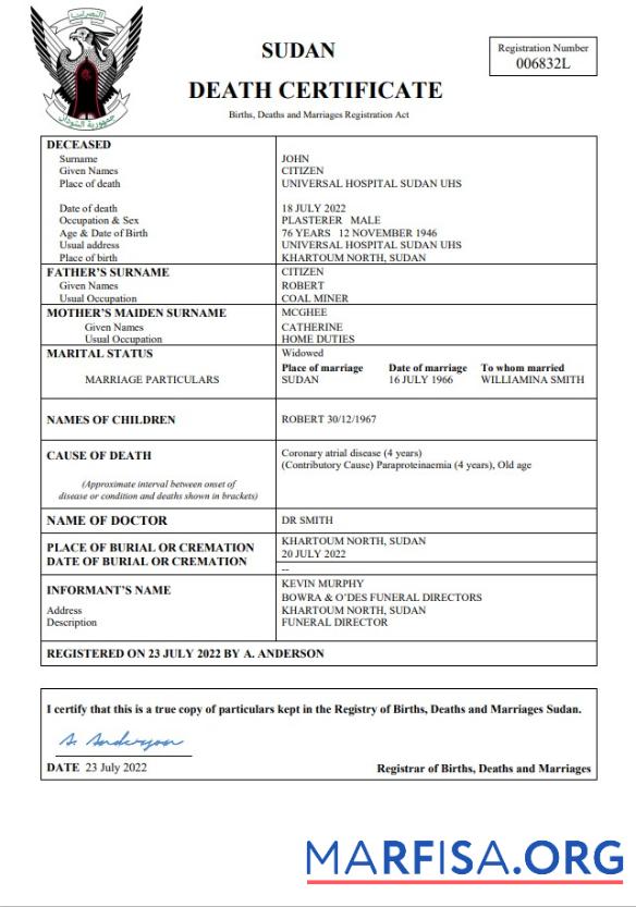 Bearbeitbar Sudan vital record Tod Zertifikat Word and PDF Vorlage