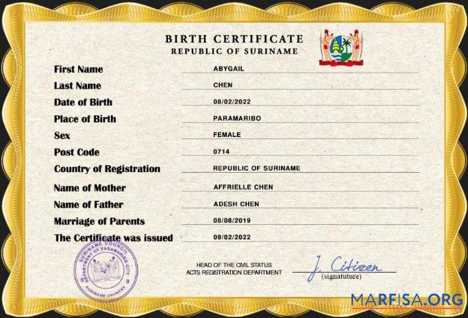 Premium Suriname Geburt Zertifikat PSD Vorlage