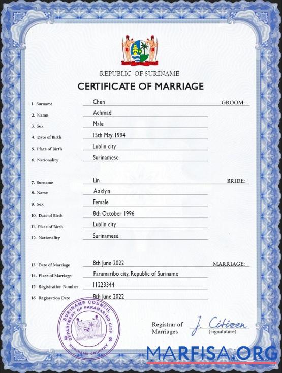 Premium Suriname Ehe Zertifikat PSD Vorlage
