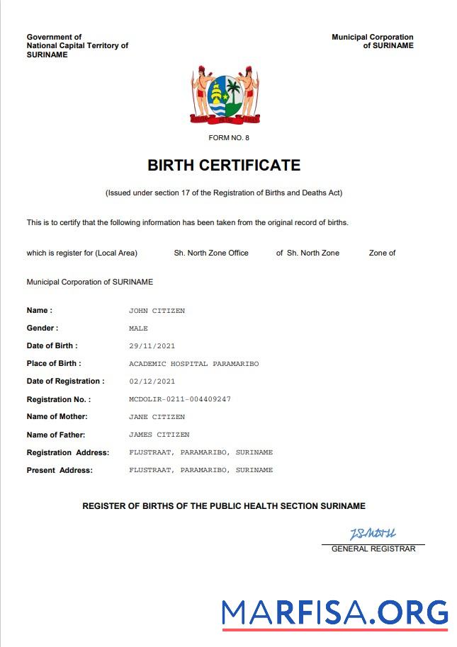 Hohe Qualität Suriname vital record Geburt Zertifikat Word and PDF Vorlage