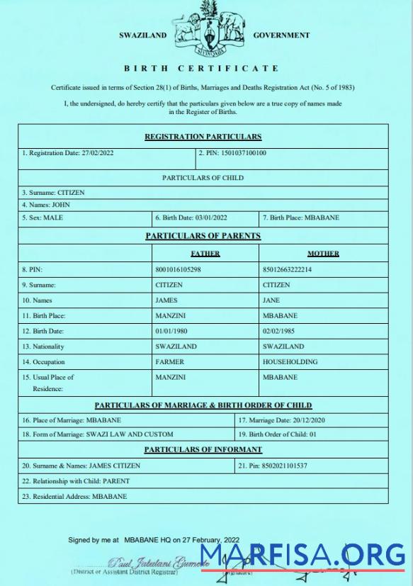 Bearbeitbar Swaziland Geburt Zertifikat Vorlage in Word and PDF formatSwaziland Geburt Zertifikat Vorlage in Word and PDF Format