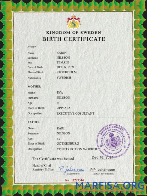 Hohe Qualität Schweden vital record Geburt Zertifikat PSD Vorlage, fully Bearbeitbar