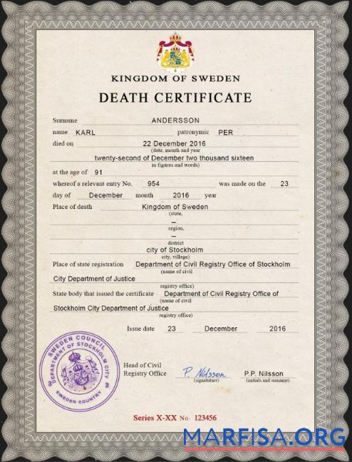 Professionell Schweden vital record Tod Zertifikat PSD Vorlage