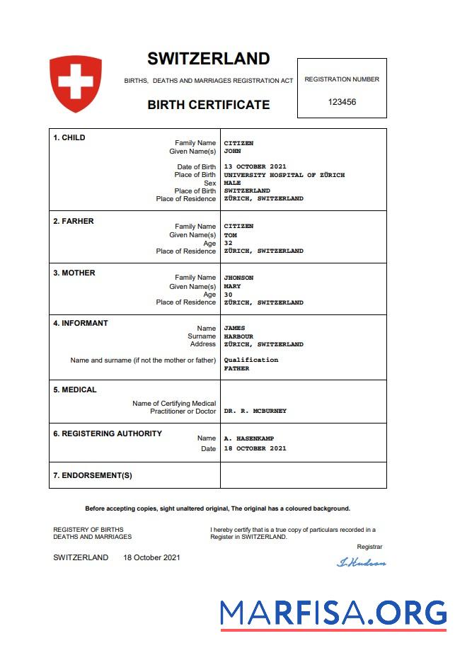 Professionell Schweiz vital record Geburt Zertifikat Word and PDF Vorlage