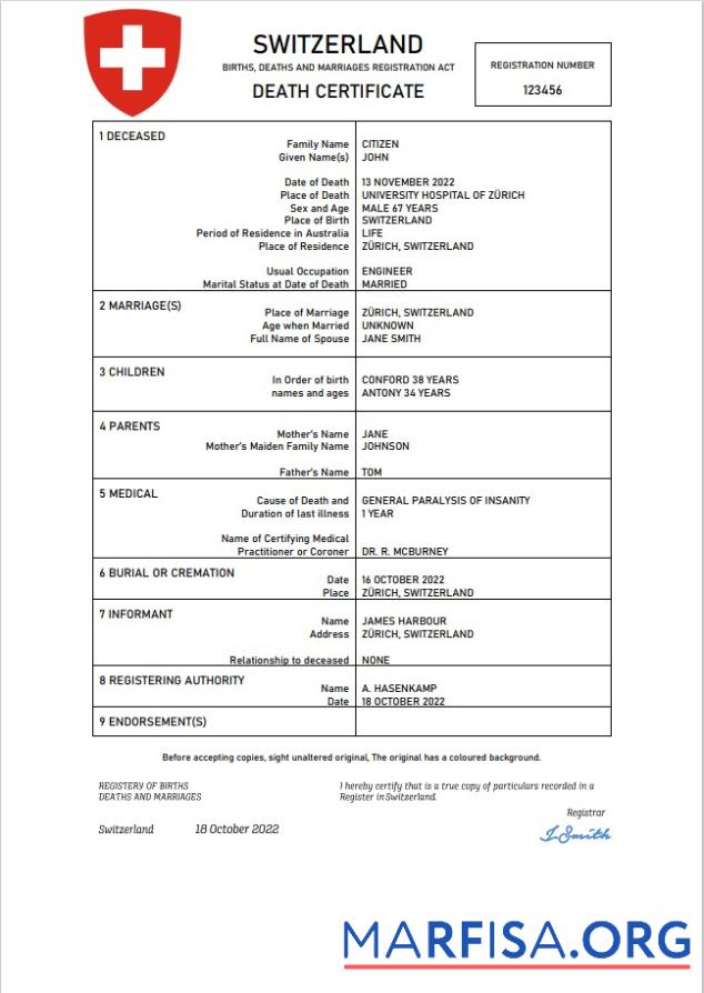 Premium Schweiz vital record Tod Zertifikat Word and PDF Vorlage