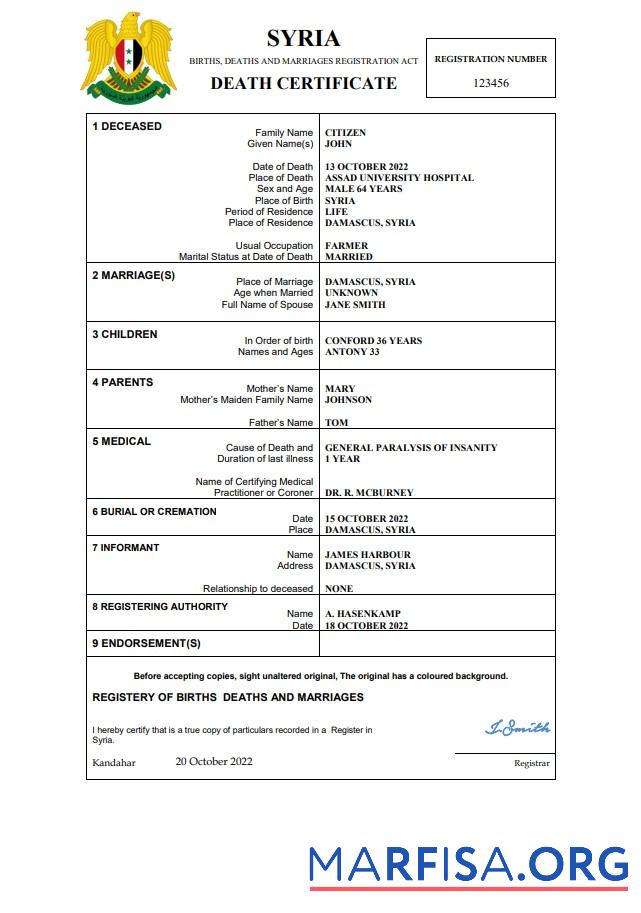 Hohe Qualität Syrien vital record Tod Zertifikat Word and PDF Vorlage