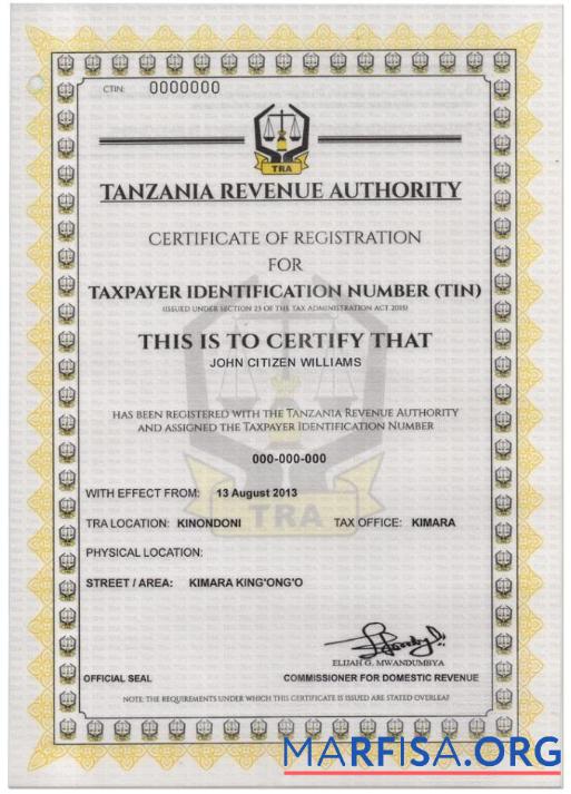 Tansania taxpayer Identifikation number (TIN) Registrierung Zertifikat Mockup