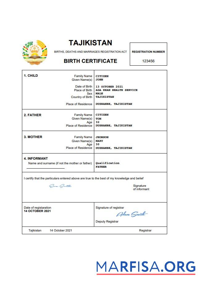 Hohe Qualität Tadschikistan vital record Geburt Zertifikat Word and PDF Vorlage
