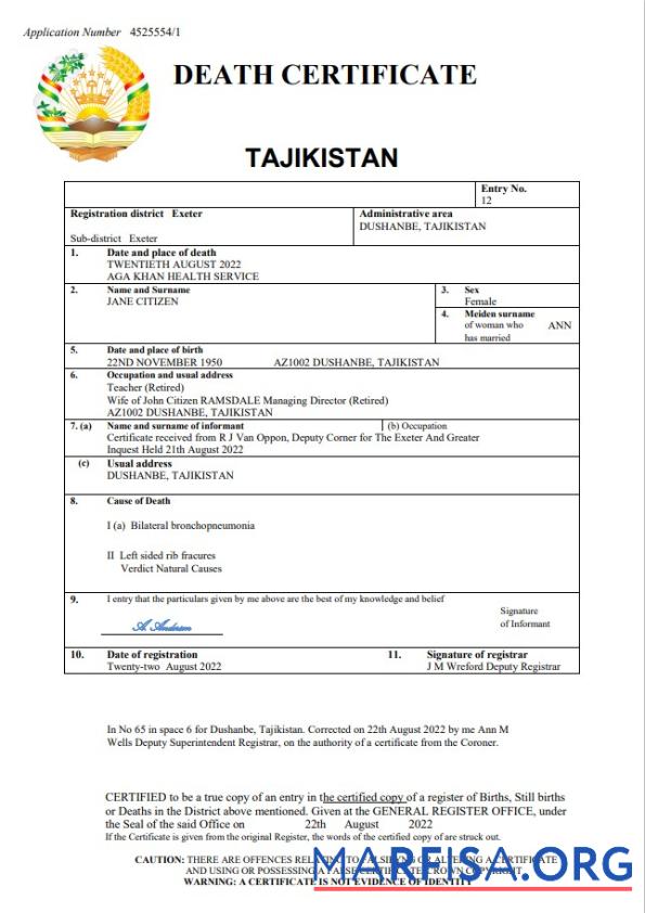 Hohe Qualität Tadschikistan vital record Tod Zertifikat Word and PDF Vorlage