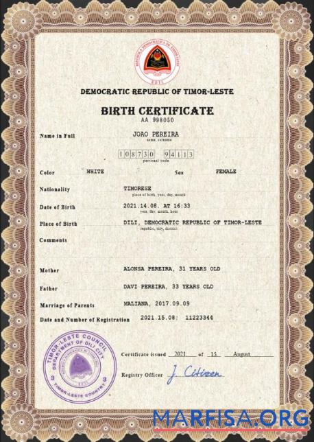 Bearbeitbar Timor Leste vital record Geburt Zertifikat PSD Vorlage